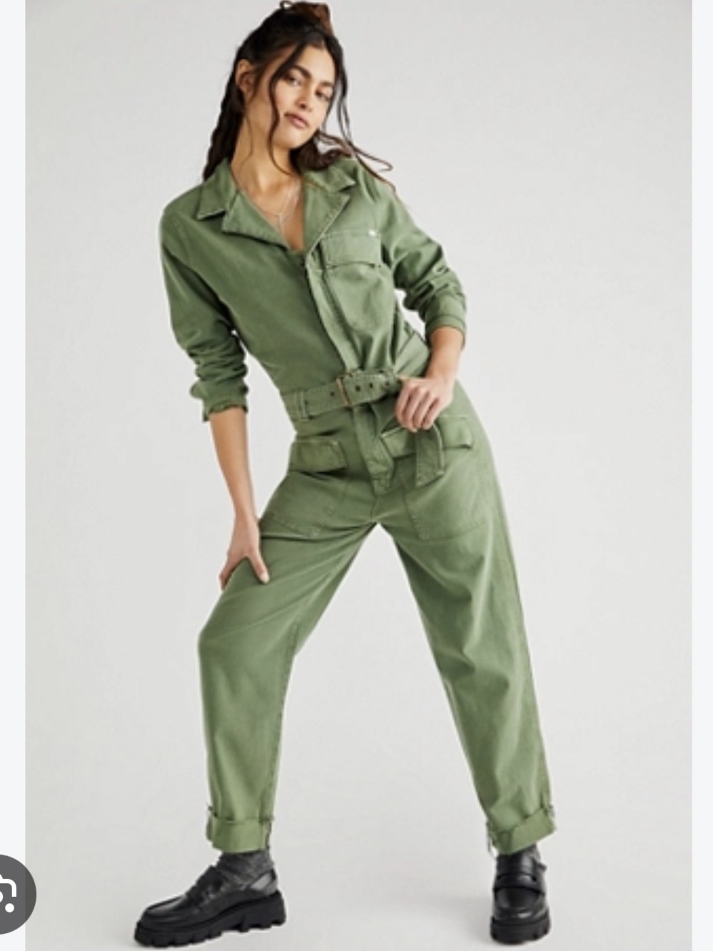 NWT MOTHER Buckled Up Jumpsuit Ankle Cuff Chalk Avocado Green Free People Medium